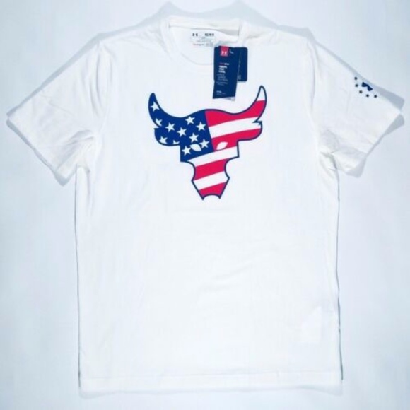 Under Armour Project Rock American Flag Brahma Bull White T-Shirt Size Medium
